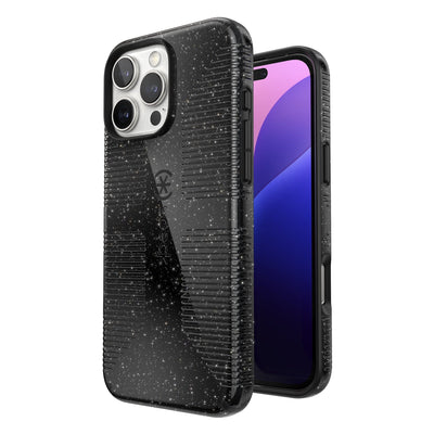 Three-quarter view of back of phone case with phone inside shown over top of front view of phone case with phone inside#color_black-glitter-steel-black