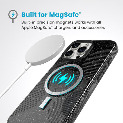 A MagSafe charger hovers over the back of the phone case. Text reads Built for MagSafe: Built-in precision magnets works with all Apple MagSafe chargers and accessories#color_black-glitter-steel-black