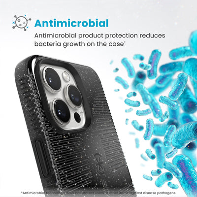 Bacteria is shown around phone case but not on it. Text reads Antimicrobial: Antimicrobial product protection reduces bacteria growth on the case (Antimicrobial technology does not protect users or other items against disease pathogens)#color_black-glitter-steel-black