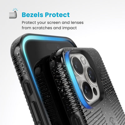 Raised bezels around phone screen and camera are highlighted. Text reads Bezels Protect: Protect your screen and lenses from scratches and impact#color_black-glitter-steel-black