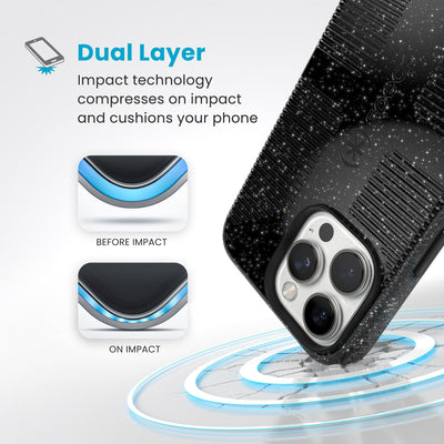 A corner of the case impacts the ground - a diagram shows interior cushion of phone before impact and on impact. Text reads Dual Layer: Impact technology compresses on impact and cushions your phone#color_black-glitter-steel-black