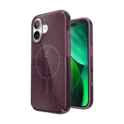 Three-quarter view of back of phone case with phone inside shown over top of front view of phone case with phone inside#color_plumberry-glitter