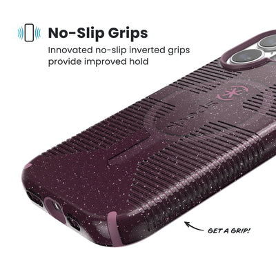 Close-up of grips on the back and side of a phone case. Text reads No-Slip Grips: Innovated no-slip inverted grips provide improved hold; Get a grip!#color_plumberry-glitter