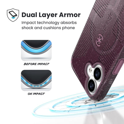 A corner of the case impacts the ground - a diagram shows interior cushion of phone before impact and on impact. Text reads Dual Layer Armor: Impact technology absorbs shock and cushions phone; 13-foot drop tested#color_plumberry-glitter