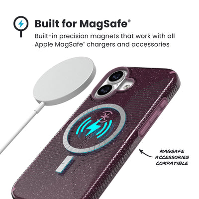 A MagSafe charger hovers over the back of the phone case. Text reads Built for MagSafe: Built-in precision magnets that work with all Apple MagSafe chargers and accessories; MagSafe accessories compatible#color_plumberry-glitter