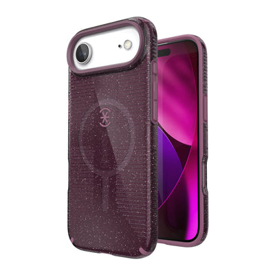 Three-quarter view of back of phone case with phone inside shown over top of front view of phone case with phone inside#color_plumberry-glitter
