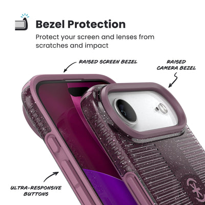 Raised bezels around phone screen and camera are highlighted. Text reads Bezel Protectection: Protect your screen and lenses from scratches and impact; Raised screen bezel; Raised camera bezel; Ultra-responsive buttons#color_plumberry-glitter