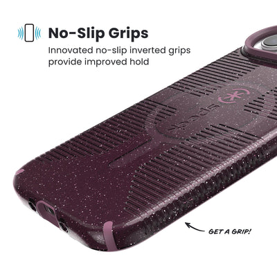 Close-up of grips on the back and side of a phone case. Text reads No-Slip Grips: Innovated no-slip inverted grips provide improved hold; Get a grip!#color_plumberry-glitter
