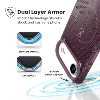 A corner of the case impacts the ground - a diagram shows interior cushion of phone before impact and on impact. Text reads Dual Layer Armor: Impact technology absorbs shock and cushions phone; 13-foot drop tested#color_plumberry-glitter