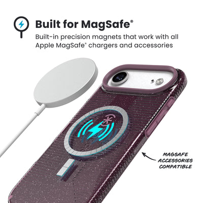 A MagSafe charger hovers over the back of the phone case. Text reads Built for MagSafe: Built-in precision magnets that work with all Apple MagSafe chargers and accessories; MagSafe accessories compatible#color_plumberry-glitter