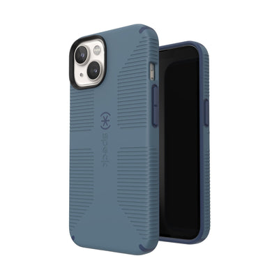 Three-quarter view of back of phone case simultaneously shown with three-quarter front view of phone case#color_mystery-blue-faded-denim