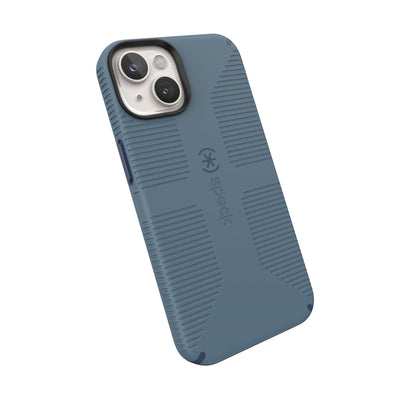 Tilted three-quarter angled view of back of phone case#color_mystery-blue-faded-denim