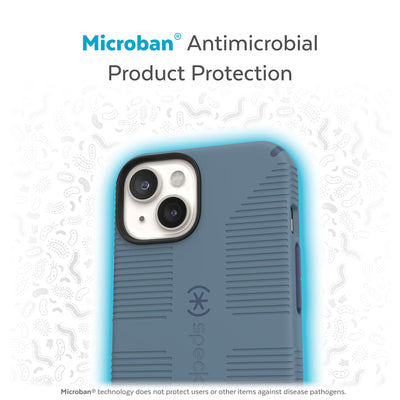 Back view of phone case with halo protecting it from bacteria - Microban antimicrobial product protection.#color_mystery-blue-faded-denim