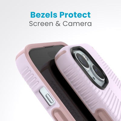 A case with phone inside with camera facing up is lying on top of a case with phone inside with screen facing up. Both are at a sharp angle clearly showing case's raised bezels around screen and camera. Text reads bezels protect screen and camera.#color_soft-lilac-carnation-petal