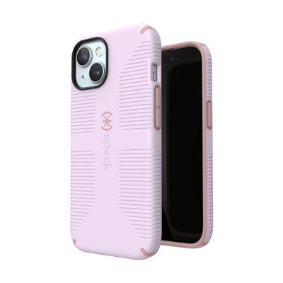 Three-quarter view of back of phone case simultaneously shown with three-quarter front view of phone case.#color_soft-lilac-carnation-petal