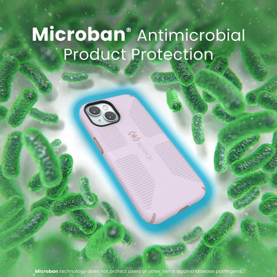 A case with phone inside is surrounded by bacteria. A blue halo around the phone keeps the bacteria away. Text reads Microban antimicrobial product protection. Microban technology does not protect users or other items against disease pathogens.#color_soft-lilac-carnation-petal