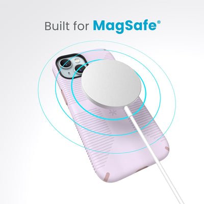 A case with phone inside with camera facing up and MagSafe wireless charger hovering above with concentric circles eminating from charger to signify power transfer. Text in image reads built for MagSafe.#color_soft-lilac-carnation-petal