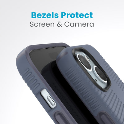 A case with phone inside with camera facing up is lying on top of a case with phone inside with screen facing up. Both are at a sharp angle clearly showing case's raised bezels around screen and camera. Text reads bezels protect screen and camera.#color_mystery-blue-faded-denim