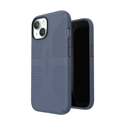 Three-quarter view of back of phone case simultaneously shown with three-quarter front view of phone case.#color_mystery-blue-faded-denim