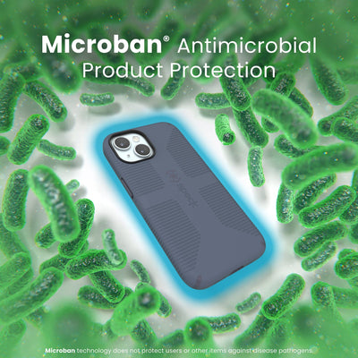 A case with phone inside is surrounded by bacteria. A blue halo around the phone keeps the bacteria away. Text reads Microban antimicrobial product protection. Microban technology does not protect users or other items against disease pathogens.#color_mystery-blue-faded-denim