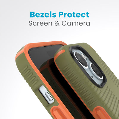 A case with phone inside with camera facing up is lying on top of a case with phone inside with screen facing up. Both are at a sharp angle clearly showing case's raised bezels around screen and camera. Text reads bezels protect screen and camera.#color_bush-green-pumpkin-pie