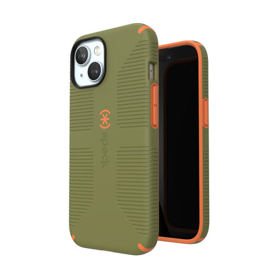 Three-quarter view of back of phone case simultaneously shown with three-quarter front view of phone case.#color_bush-green-pumpkin-pie