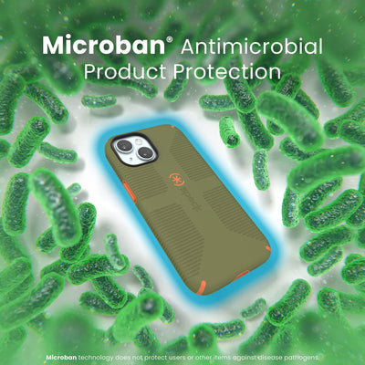 A case with phone inside is surrounded by bacteria. A blue halo around the phone keeps the bacteria away. Text reads Microban antimicrobial product protection. Microban technology does not protect users or other items against disease pathogens.#color_bush-green-pumpkin-pie