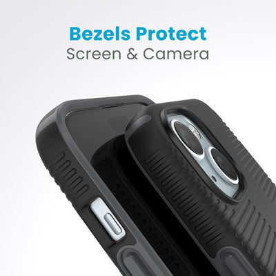 A case with phone inside with camera facing up is lying on top of a case with phone inside with screen facing up. Both are at a sharp angle clearly showing case's raised bezels around screen and camera. Text reads bezels protect screen and camera.#color_black-slate-grey