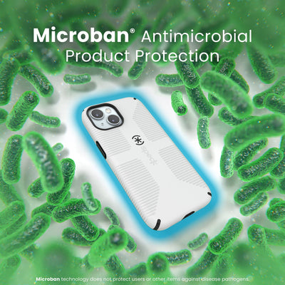 A case with phone inside is surrounded by bacteria. A blue halo around the phone keeps the bacteria away. Text reads Microban antimicrobial product protection. Microban technology does not protect users or other items against disease pathogens.#color_white-black