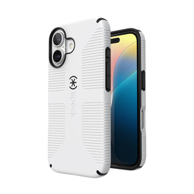 Three-quarter view of back of phone case with phone inside shown over top of front view of phone case with phone inside#color_white-black