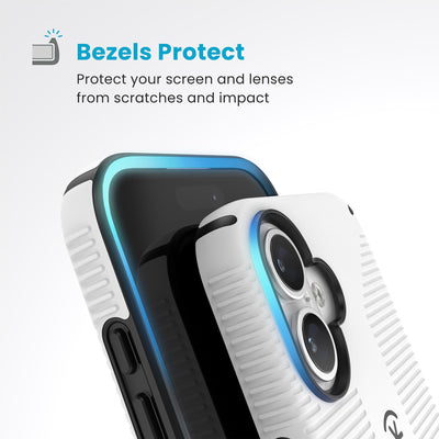 Raised bezels around phone screen and camera are highlighted. Text reads Bezels Protect: Protect your screen and lenses from scratches and impact#color_white-black