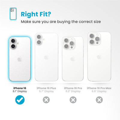 All four phones are shown - iPhone 16 6.1-inch display is highlighted. Text reads Right fit? Make sure you are buying the correct size#color_white-black