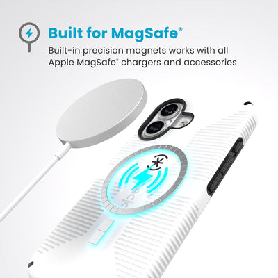 A MagSafe charger hovers over the back of the phone case. Text reads Built for MagSafe: Built-in precision magnets works with all Apple MagSafe chargers and accessories#color_white-black