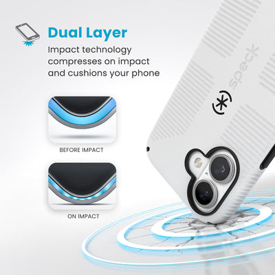 A corner of the case impacts the ground - a diagram shows interior cushion of phone before impact and on impact. Text reads Dual Layer: Impact technology compresses on impact and cushions your phone#color_white-black