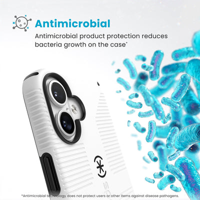 Bacteria is shown around phone case but not on it. Text reads Antimicrobial: Antimicrobial product protection reduces bacteria growth on the case (Antimicrobial technology does not protect users or other items against disease pathogens)#color_white-black