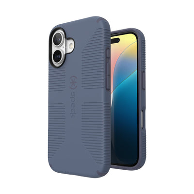 Three-quarter view of back of phone case with phone inside shown over top of front view of phone case with phone inside#color_mystery-blue-faded-denim