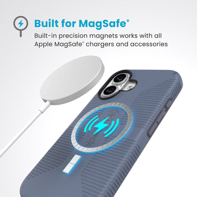 A MagSafe charger hovers over the back of the phone case. Text reads Built for MagSafe: Built-in precision magnets works with all Apple MagSafe chargers and accessories#color_mystery-blue-faded-denim