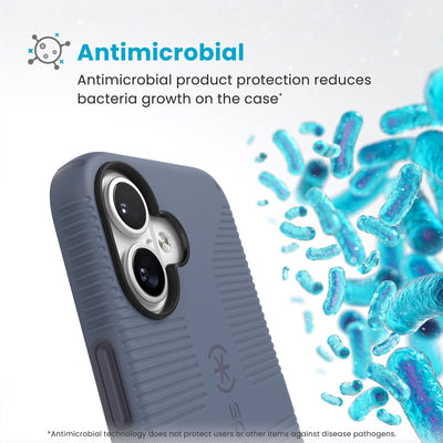 Bacteria is shown around phone case but not on it. Text reads Antimicrobial: Antimicrobial product protection reduces bacteria growth on the case (Antimicrobial technology does not protect users or other items against disease pathogens)#color_mystery-blue-faded-denim