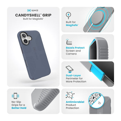 Various close-ups of case are shown. Text reads Speck CandyShell Grip MagSafe: No-slip grips for a better hold, built for MagSafe, bezels protect screen and camera, dual-layer perimeter for more protection, antimicrobial product protection#color_mystery-blue-faded-denim