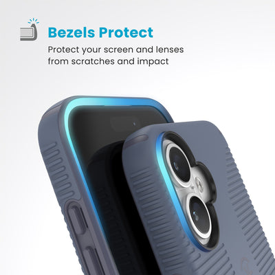 Raised bezels around phone screen and camera are highlighted. Text reads Bezels Protect: Protect your screen and lenses from scratches and impact#color_mystery-blue-faded-denim