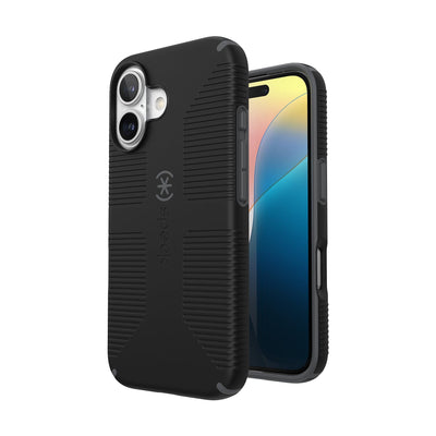 Three-quarter view of back of phone case with phone inside shown over top of front view of phone case with phone inside#color_black-slate-grey