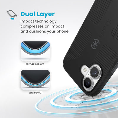 A corner of the case impacts the ground - a diagram shows interior cushion of phone before impact and on impact. Text reads Dual Layer: Impact technology compresses on impact and cushions your phone#color_black-slate-grey