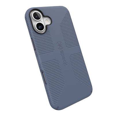 Tilted slight perspective view of back of phone case with phone inside#color_mystery-blue-faded-denim