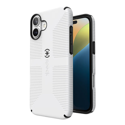 Three-quarter view of back of phone case with phone inside shown over top of front view of phone case with phone inside#color_white-black