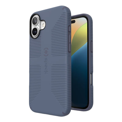 Three-quarter view of back of phone case with phone inside shown over top of front view of phone case with phone inside#color_mystery-blue-faded-denim