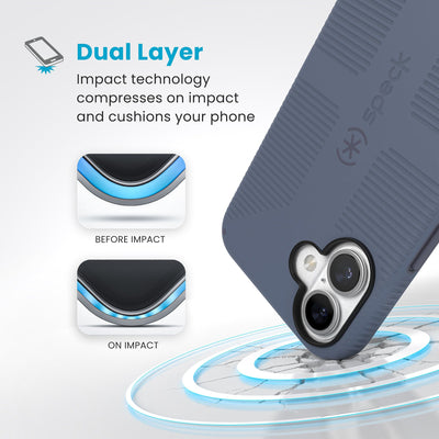 A corner of the case impacts the ground - a diagram shows interior cushion of phone before impact and on impact. Text reads Dual Layer: Impact technology compresses on impact and cushions your phone#color_mystery-blue-faded-denim