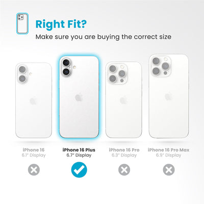 All four phones are shown - iPhone 16 Plus 6.7-inch display is highlighted. Text reads Right fit? Make sure you are buying the correct size#color_white-black