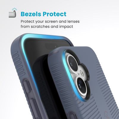 Raised bezels around phone screen and camera are highlighted. Text reads Bezels Protect: Protect your screen and lenses from scratches and impact#color_mystery-blue-faded-denim