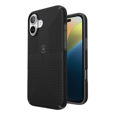 Three-quarter view of back of phone case with phone inside shown over top of front view of phone case with phone inside#color_black-slate-grey