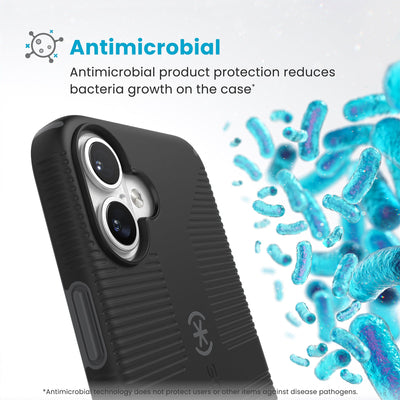 Bacteria is shown around phone case but not on it. Text reads Antimicrobial: Antimicrobial product protection reduces bacteria growth on the case (Antimicrobial technology does not protect users or other items against disease pathogens)#color_black-slate-grey